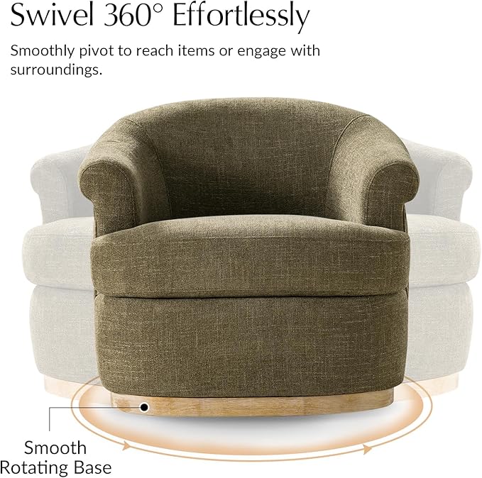 HULALA HOME Swivel Barrel Chair with Rolled Arms Upholstered Fabric Swivel Round Armchair with Removable Cushion Solid Wood Base for Living Room Bedroom Moss