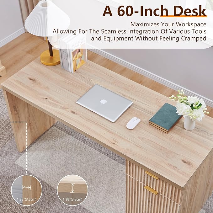 JXQTLINGMU 60 Modern Executive Desk with Storage Wood Home Office Desk with Drawer &amp Cabinet Fluted Computer Writing Desk for Study Living Room Bedroom Oak