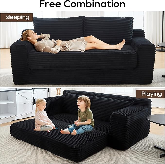 Black Cloud Couch 72 Chenille Loveseat Sofa 2-in-1 Floor Folding Sofa Bed Modern Comfy Sofa with 26 Deep Seat Soft Cushions for Living Room Apartment Office (Black)