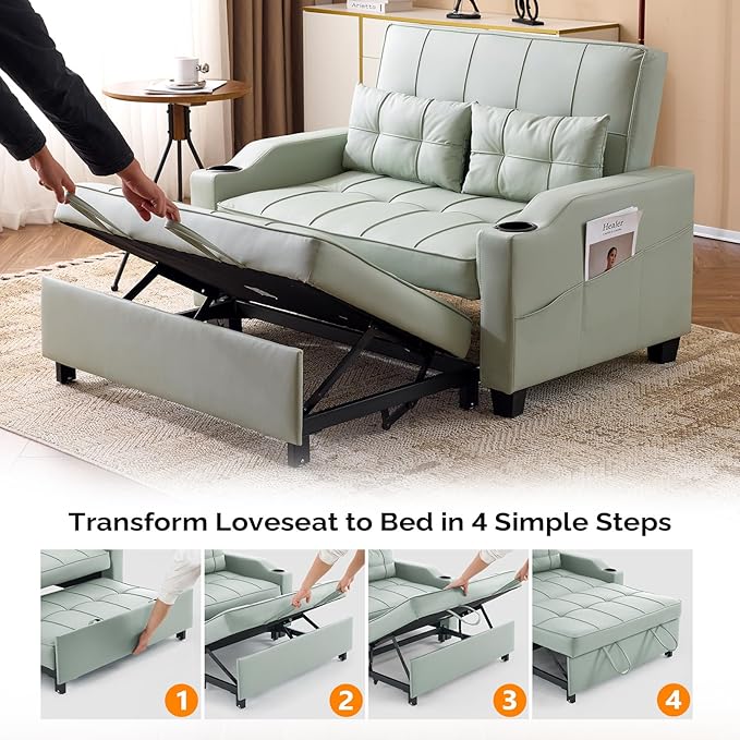 VINGLI Green Futon Sofa Bed Convertible Loveseat Sleeper Couch Faux Leather Pullout Sofa Fold Out Couch Bed with USB Ports Cup Holders Armrest for Living Room Bedroom Apartment Room