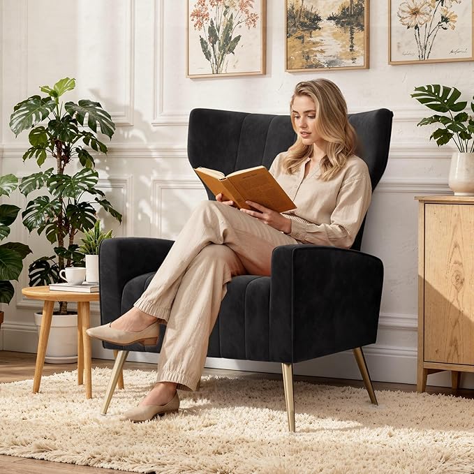 Velvet Accent Chair Wingback for Living Room High Back Arm Chair with Golden Legs Lumbar Pillow Upholstered Single Sofa Bedroom Black