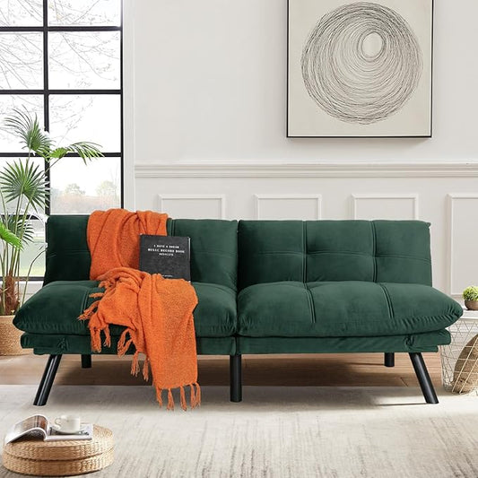 67” Velvet Futon Sofa Bed Convertible Small Upholstered Couch 2-Seat Loveseat Sleeper with Adjustable Backrest and Armrest for Small Space ApartmentGaming RoomOffice(Green)