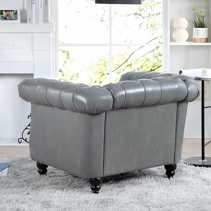 Leather Chair Living Room Single Sofa Medieval Retro Tufted Cushion Accent Sofa Chair with Rolled Arms and Nailhead Cigar Chair for Bedroom Office Apartment Club Chairs (Grey)