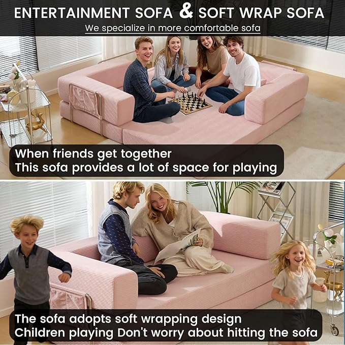 Convertible Sleeper Sofa Bed Corduroy Upholstered Modular Floor Couch Queen/King Size Foldable Futon with futon Memory Foam for Apartment Living Room Bedroom (Pink 80.15) | Convertible sofa bed