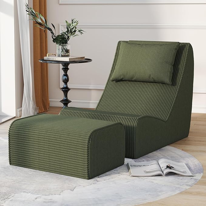 Giant Bean Bag Chair for AdultsCorduroy Chaise Lounge with Unrivaled Back Support Detachable Neck Pillow Comfortable Ottoman &amp Washable Cover for Living Room Bedroom Garden (Olive Green)