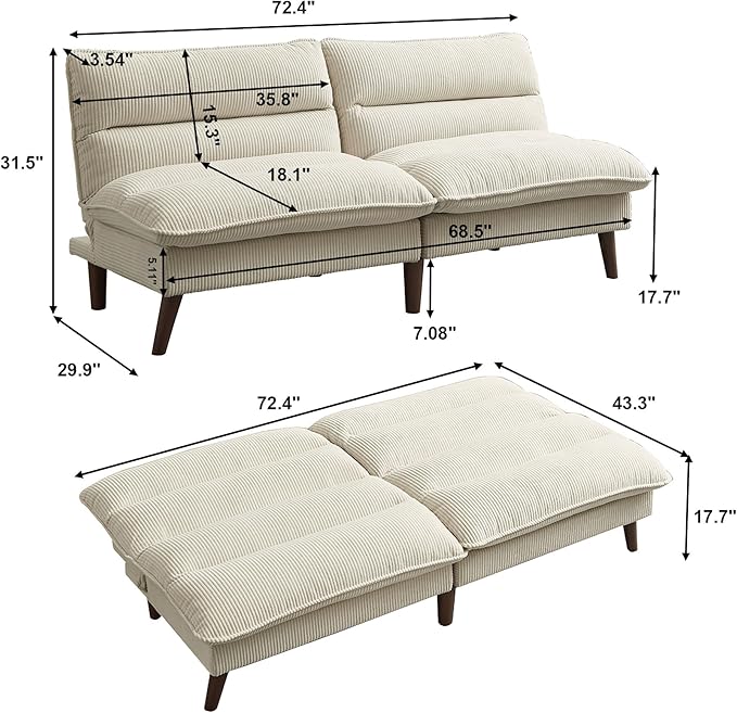 Convertible Futon Sofa Bed 72 Loveseat Couch Modern Folding Futon Couch with 3-Level Adjustable Backrest Sleeper Recliner Couches for Living Room/Guest Room/Apartment/Small Spaces Beige