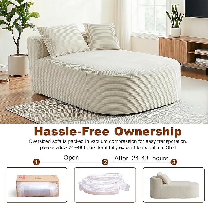 Chaise Lounge Chair Indoor 67.5 Oversized Boneless Couch Could Comfy Upholstered Sleeper Sofa Bed Corduroy Plush Modern Curved Floor Sofas Chair with 2 Pillows for Readng Living Room Bedroom Apartment