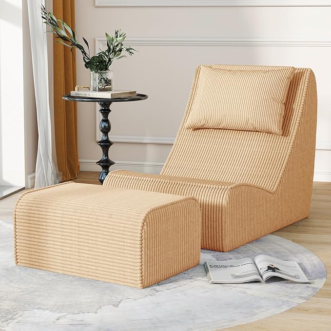 Giant Bean Bag Chair for AdultsCorduroy Chaise Lounge with Unrivaled Back Support Detachable Neck Pillow Comfortable Ottoman &amp Washable Cover for Living Room Bedroom Garden (Camel)