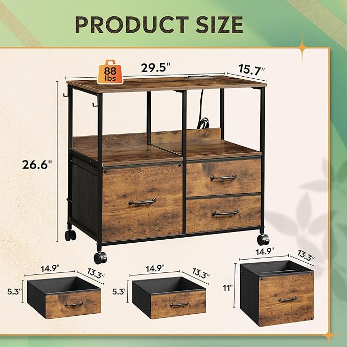 DEVAISE 3 Drawer Mobile File Cabinet Rolling Printer Stand with Storage Shelf Fabric Lateral Filing Cabinet fits A4 or Letter Size Adjustable Shelf for Home Office Rustic Brown
