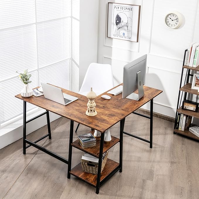 Tangkula L Shaped Desk Space Saving Corner Desk w/ 2 Tier Storage Shelves Study Writing Desk Workstation with Reinforced Metal Frame Home Office Desk (Rustic Brown)