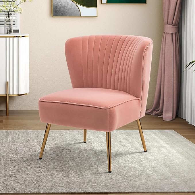 HULALA HOME Velvet Accent Chair Modern Upholstered Cute Side Chair with Gold Metal Legs Armless Wingback Slipper Chair Comfy Living Room Chair for Bedroom Guest Room Vanity Pink