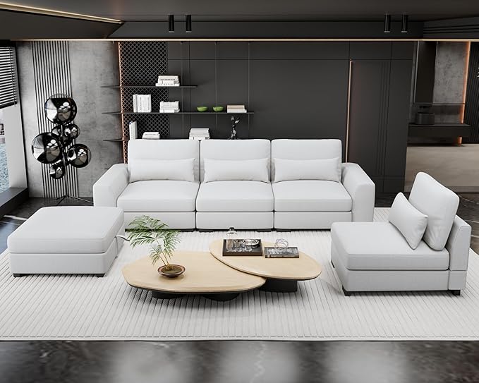 Sectional Couches for Living Room - Large Modular 5 Seat Sectional Couch-Velvet Linen with Storage Deep Seat Sofa-Convertible Sofa for Large Living Rooms-with ChaiseWashable Covers-Beige