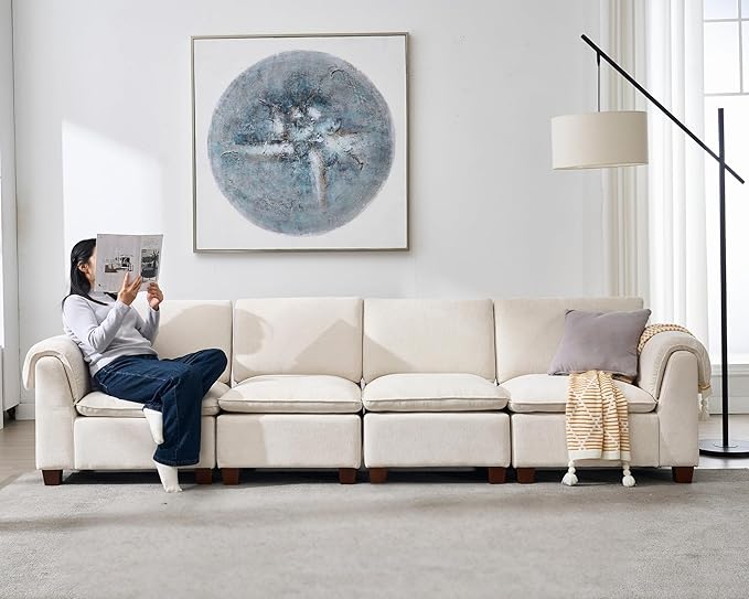VESCASA Modern Sectional Sofa with Ottoman 106.5 Inch Modular Cloud Couch 4 Seat L Shaped with Waterfall Armrest Cushion Back for Living Room Apartment White Chenille