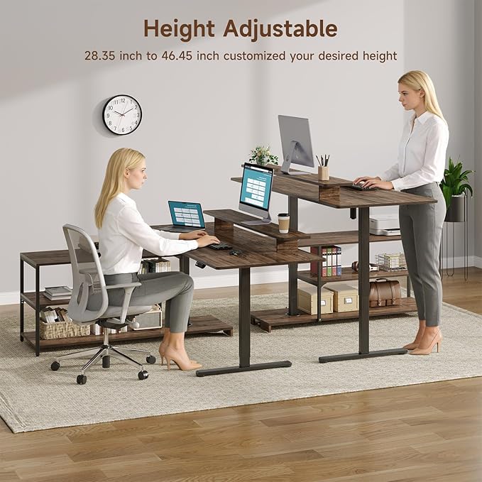 Standing Desk with File Cabinet 63x24'' L Shaped Electric Stand Up Desk with Adjustable Monitor Shelf Adjustable Height 28-46'' for Home and Computer Workstation Walnut
