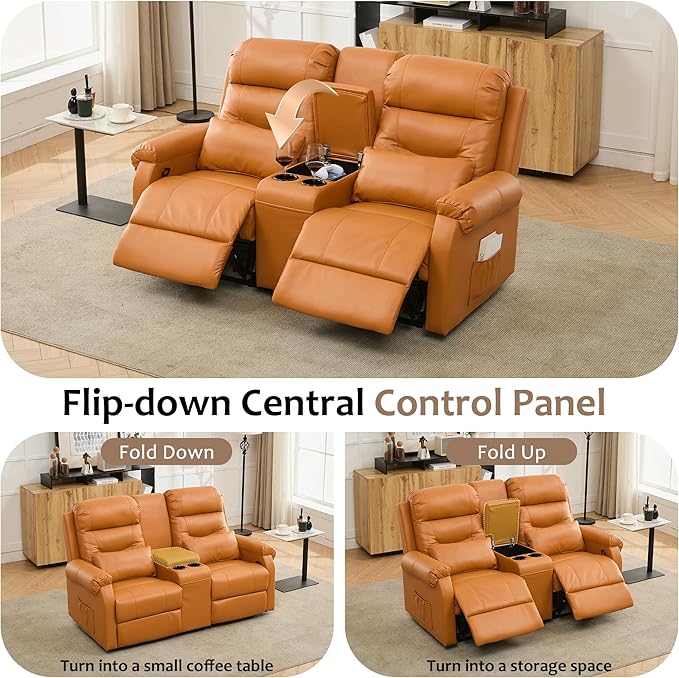 DRMBOOK RV Loveseat Recliner Sofa with Console Faux Leather Double Wall Hugger Reclining Couch Manual Movie Seating 2 Person Recliner Chair with Cup Holders/Storage/Pocket/Lumbar Pillow Orange