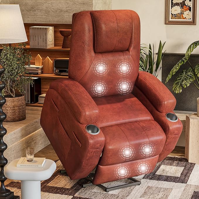 Furmax Electric Power Lift Recliner Chair with Massage for Elderly Corduroy Fabric Recliner Single Sofa with Cup Holders Side Pockets and Remote Control for Living Room Bedroom (Leathaire Brown)