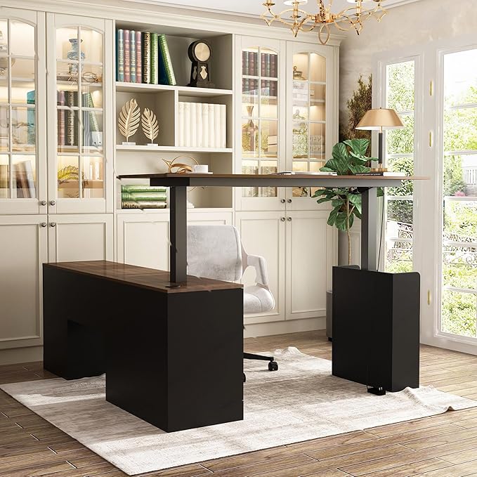 Homsee Home Office L Shaped Electric Standing Desk with Drawers and Shelves Height Adjustable Stand up Desk 63 Computer Executive Corner Table Walnut &amp Black