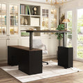 Homsee Home Office L Shaped Electric Standing Desk with Drawers and Shelves Height Adjustable Stand up Desk 63 Computer Executive Corner Table Walnut &amp Black