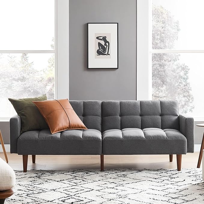mopio Aaron 76.8 Couch Small Futon Sofa Bed Sleeper Loveseat Mid Century Modern Futon Couch Sofa Cama Couches for Living Room Bedroom (Dark Grey Fabric)
