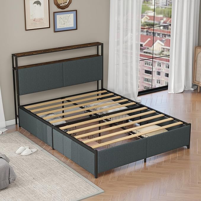 Panana Queen Bed Frame with Storage Headboard Platform Bed with 4 Drawers No Box Spring Needed Easy Assembly Fabric Grey