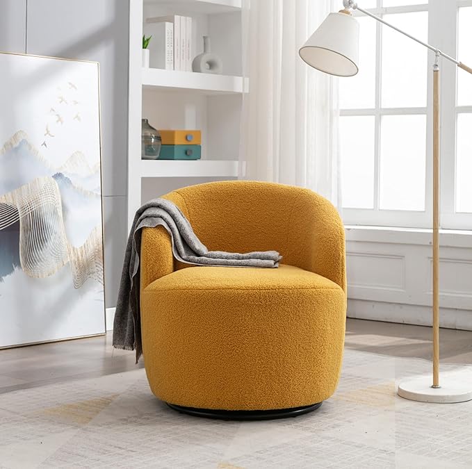 Swivel Barrel Accent Chair Modern Teddy Upholstered 360° Swivel Chair Leisure Chair Single Sofa for Adults Teens for Living Room Hotel Bedroom Office Coffee Shop (Yellow + Upholstered + Foam)