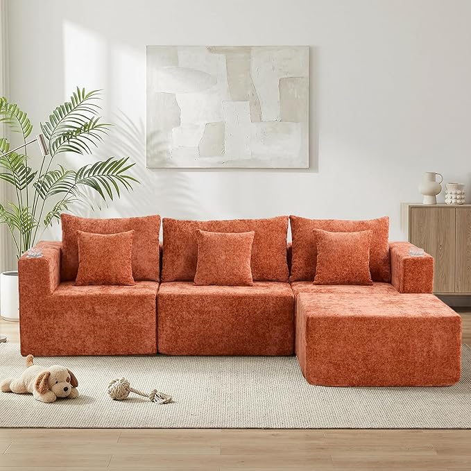 WELAX 104 Modular Sectional Couches for Living Room Boneless Couch L-Shape with Cup Holders &amp Pillows Modern Chenille Cloud Sofa 4 Seater Home Comfy Sofas for Bedroom Orange
