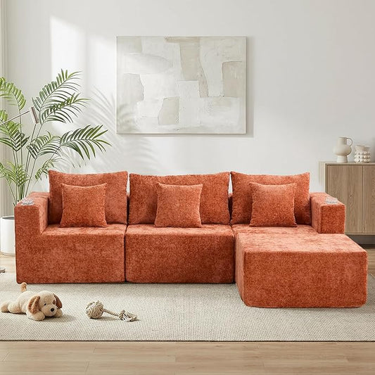 WELAX 104 Modular Sectional Couches for Living Room Boneless Couch L-Shape with Cup Holders &amp Pillows Modern Chenille Cloud Sofa 4 Seater Home Comfy Sofas for Bedroom Orange
