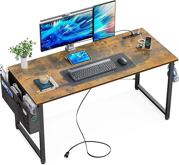 KKL Small Desk with Power Outlets and USB Port Computer Desk for Home Office Gaming Simple Modern Style Writing Desks with Storage Bag Headphone Hook 48 inch Rustic Brown