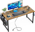 KKL Small Desk with Power Outlets and USB Port Computer Desk for Home Office Gaming Simple Modern Style Writing Desks with Storage Bag Headphone Hook 48 inch Rustic Brown