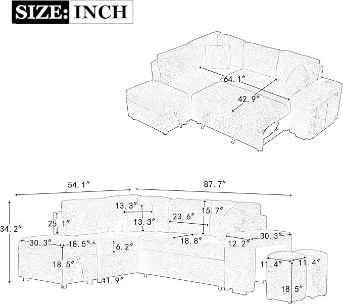 Upholstered L-Shaped Convertible Corner Sofa Couch with 2 Stools and 2 Throw Pillows Chenille Sectional Pull Out Sofa Bed with Storage Ottoman and 2 Hidden USB Ports for Living Room (Dark Grey-5)