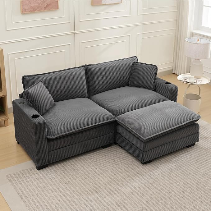 KIVENJAJA Corduroy Cloud Sectional Couch Modular Oversized Loveseat Sofa with Ottoman Cup Holders &amp USB Port Comfy 2 Seater Love Seat for Living Room Small Space 82.7”W Grey