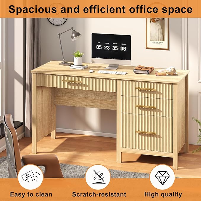 Executive Desk with Drawers: 54 Oak Desk with File Cabinet Home Office Desks with Storage Modern Desks with File Drawer Fluted Wood Computer Table (54) (Oak 54)