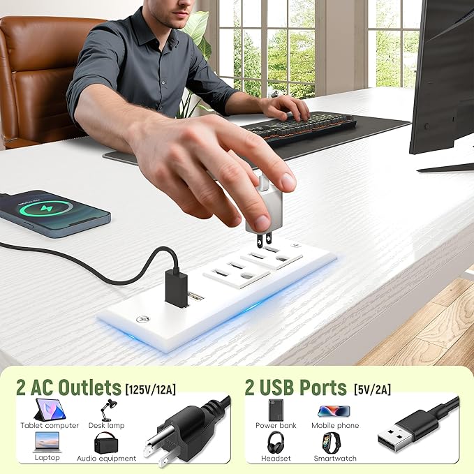 Computer Desk with Ergonomic Monitor Stand &amp CPU Stand47.2 Gaming Desk with 1 Drawer &amp Power Outlet &amp LED Lights for Home Work Bedroom Study and Gaming Small SpacesWhite