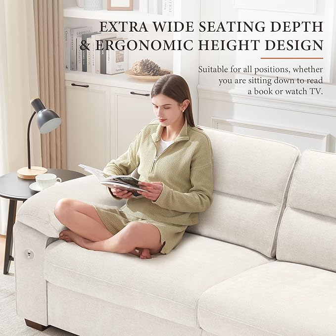 Ihanherry 90.5 Modern Sofa 2-Seater Couch for Living Room Chenille Pillow-Armrest with Extra Large Seat Width USB/Type-C Charging Port &amp Side Pocket Removable Medium Firm Cushion(Beige)