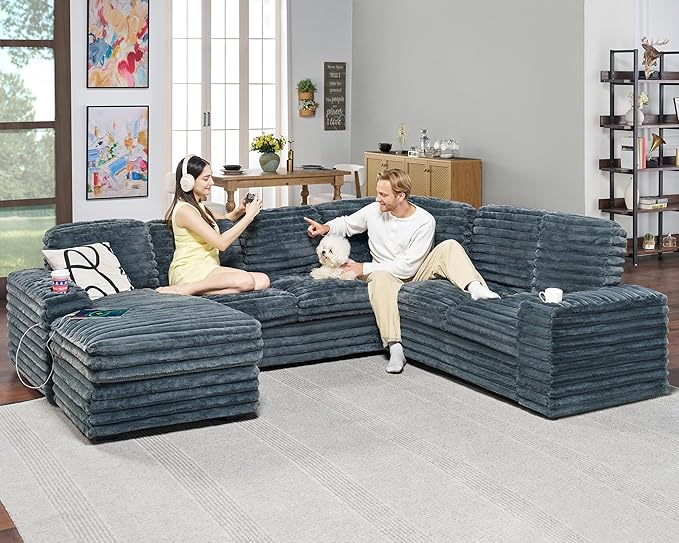 PaPaJet U Shaped Couch 112 Inch Oversized Couch with Storage Sectional Sofa with Cup Holders &amp 2 USB Ports Faux Fur Dark Grey Sofa