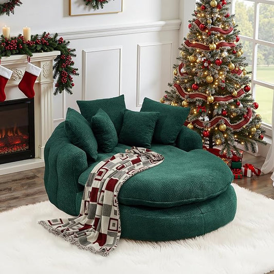 71 Oversized Round Chair Giant Bean Bag Couch Chairs for Adults Fluffy Chenille Boneless Couch Circle Bed with 5 Pillows Extra Deep Seat for Living Room Lounge No Assembly Required (Emerald)