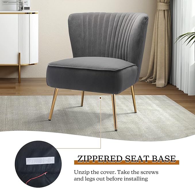 TINA'S HOME Monica Velvet Accent Chair Set of 2 Mid Century Side Chair Comfy Upholstered Living Room Chair with Golden Legs Wingback Armless Slipper Chair for Bedroom Guest Room- Grey