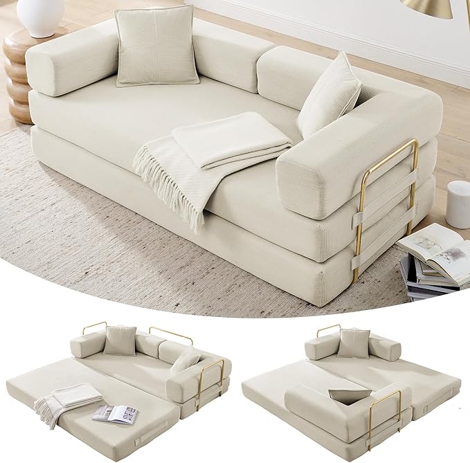 4-in-1 Folding Convertible Floor Sofa Bed 78 Oversized Compression Sofa No Assembly Required King Futon Lazy Couch Corduroy Loveseat Sleeper with Pull Out Bed Modular Futon Couch