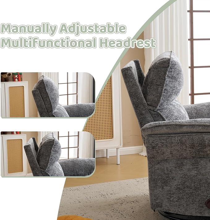 Oversized Rocking Chair Nursery with Adjustable Headrest 26 Extra Wide Glider Recliner Nursery Chair for Nursery 360° Swivel Rocker Recliner with Overstuffed Armrest Dark Grey