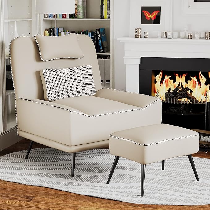 Yongqiang Faux Leather Accent Chair with Ottoman Modern Upholstered Large Sofa Chair for Living Room Bedroom Lounge Chair Armless Accent Chair and Ottoman Set Beige