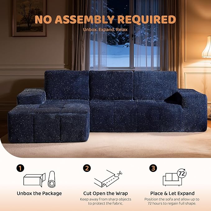 115″ Modular Sectional Sofa L-Shaped Chaise Lounge Cloud Couch with Ultra-Wide Armrests &amp Deep Seat Silver Weave Boneless Couches for Living Room No Assembly Required Blue