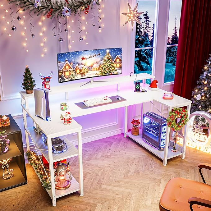ODK 48 Inch Gaming Desk with LED Lights and Power Outlet U-Shaped Computer Desk with Monitor Stand and Storage Shelves PC Gamer Table for Home Office Carbon Fiber White