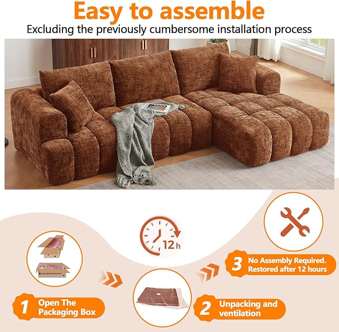 Luxury 108 L Shape Boneless Couches for Living Room Chenille Modular Sectional Cloud Sofa Couch W/Deep Seat &amp Pillows Memory Foam Couch W/Oversized Chaise (Orange Left Facing Chaise)