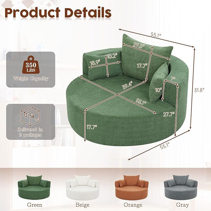 Antetek 360-Degree Swivel Accent Chair Oversized Modern Comfy Chenille Round Swivel Chaise Lounge Sofa Chair with Backrest Cushion &amp 2 Throw Pillows for Living Room Bedroom Office Green