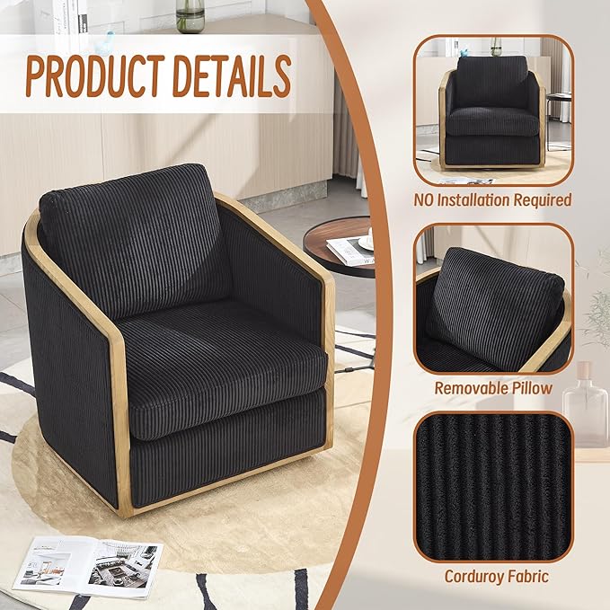 360 Degree Swivel Barrel Club Chair Comfortable Accent Sofa Chair for Living Room Leisure Armchair with Sturdy Hardwood Frame and Metal Base for Nursery Hotel Bedroom Office Lounge (Black)