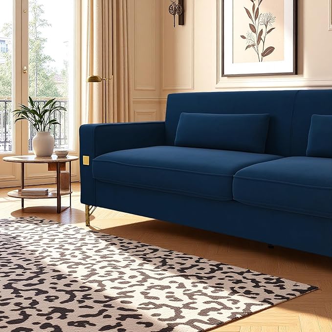 KEIKI 86 Oversized Luxury Velvet Sofa with Armrest and Removable Plush Cushions Gold Accents 3-Seater Couch with Solid Legs Easy Assembly for Living Room Bedroom Apartment Blue