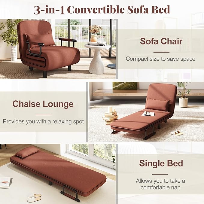 Giantex Convertible Sofa Bed 3-in-1 Folding Sleeper Chair with 5-Position Adjustable Backrest Wheels 2 Legs Recliner Chaise Lounge with Pillow Armchairs for Nursery Living Room Office (Brown)