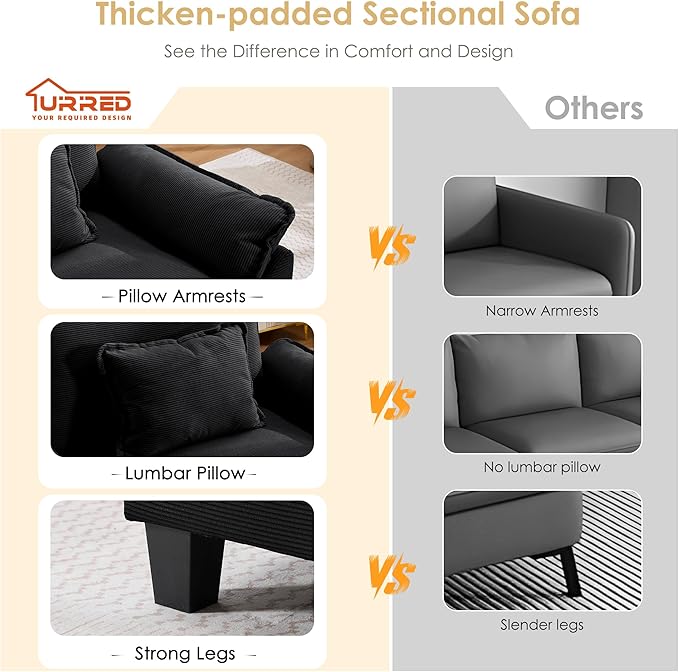 URRED Modular Cloud Couch Sectional Sofa 87 L Shaped Deep Seat Sofa with Ottoman &amp Pillows Ultra Comfy Corduroy Loveseat Sofa for Living Room Apartment or Bedroom Black | Corduroy Fabric