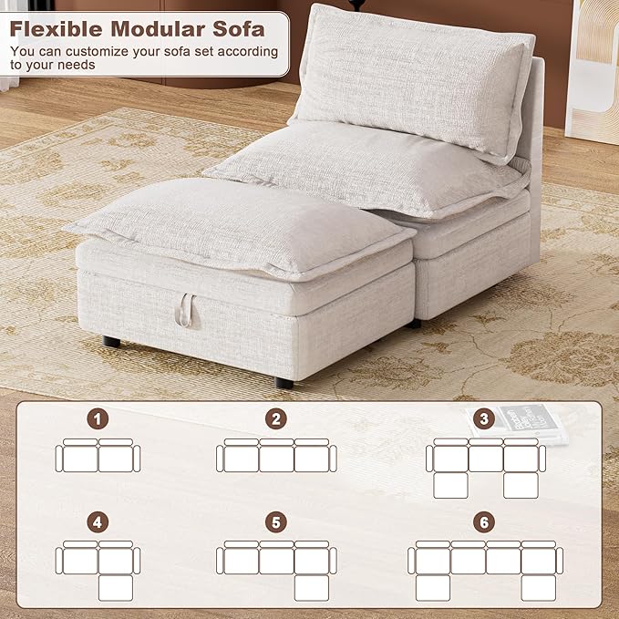 Oversized Armless Sofa with Ottoman Chenille Upholstered Chaise Lounge Comfy Armless Accent Chair and Ottomans with Storage Reading Chair with Ottoman for Living Room Bedroom Beige