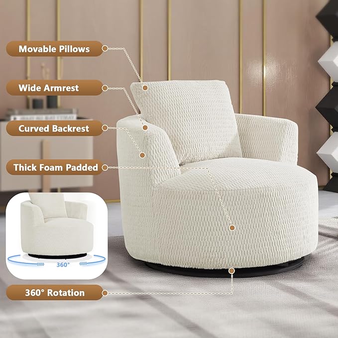 mikibama Swivel Accent Chair 360° Round Swivel Barrel Chair with Pillows Upholstered Corduroy Armchair Sofa Chair for Living Room Bedroom Reading Room Cream